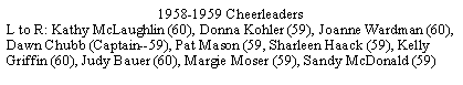 Text Box: 1958-1959 CheerleadersL to R: Kathy McLaughlin (60), Donna Kohler (59), Joanne Wardman (60), Dawn Chubb (Captain--59), Pat Mason (59, Sharleen Haack (59), Kelly Griffin (60), Judy Bauer (60), Margie Moser (59), Sandy McDonald (59)